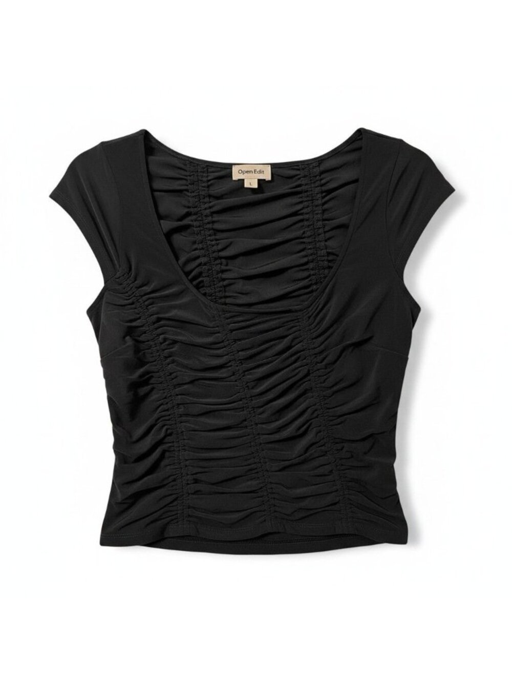 Open Edit Ruched Cup Sleeve Crop Top, Black, L